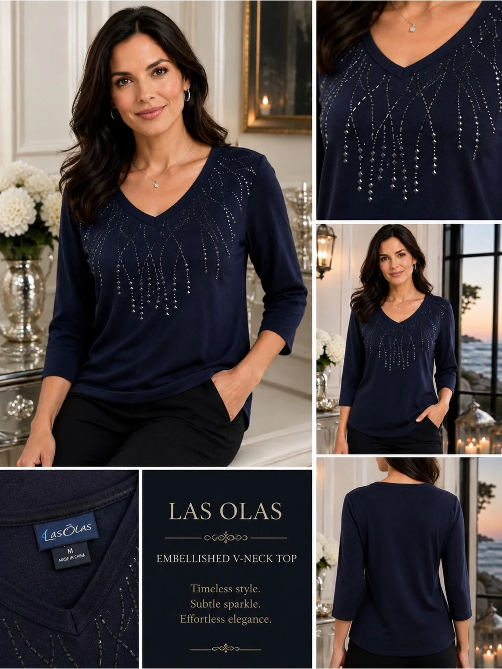 Las Olas Beaded V-Neck Top Size S Navy 3/4 Sleeve Embellished Blouse